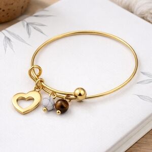 18K Gold Plated Boho Adjustable Bangle Bracelet Heart Tiger Eye Magnesite